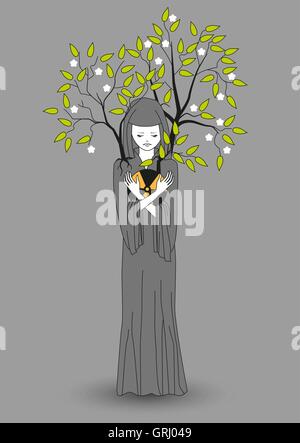 Girl with a gray cloak holding hands radiation and save the environment from contamination soaking it in themselves. Vector Stock Vector