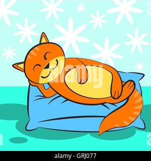 Cute orange cat sleeping on blue and a soft pillow. Vector Stock Vector