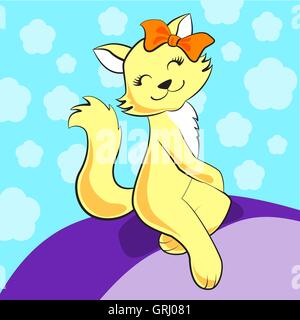 Cute cartoon cat sits smiling with orange bow on her head. Vector Stock Vector