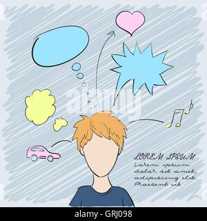 Silhouette of a beautiful boy with thoughts about everything. Vector Stock Vector