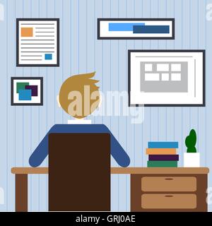 Flat design modern lifestyle concept of handsome man casual T-shirt sitting at the desk and working on laptop in the office. Iso Stock Vector