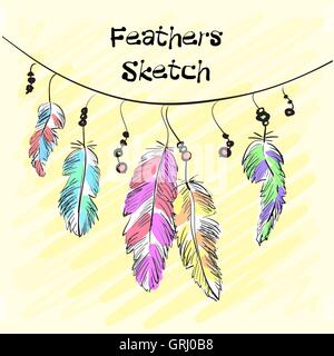 Set of beautiful colored feather. Sketch feathers. Vector Stock Vector