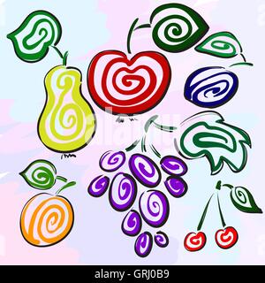 Mysterious fruits and berries are hand-drawn. Individual corporate identity. It can be used as a postcard. Pear, apple. plum, gr Stock Vector