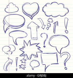The cloud of thoughts conversation in the comics, exclamation and question marks. Collection sketch drawing. Vector Stock Vector