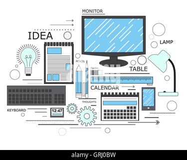 Power of knowledge, learning process, self education in applied science, computer technology for study. Modern concept. Line art Stock Vector