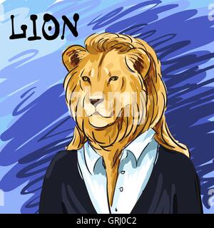 Portrait of a leader. Beautiful lion in suit hand-drawn. Individual corporate identity. It can be used as postcard. Vector Stock Vector