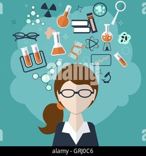 Woman with a cloud of thoughts about the test tube, formulas, materials and other objects on green background. Vector Stock Vector