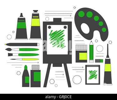 Creative set for artist. Ideas, creativity, design. Tools and materials paint, brushes, markers , pencil, easel, palette. Line a Stock Vector