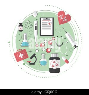 Thin lines flat design of city medicine services, medical supplies, ambulance emergency help for illness patient. Modern concept Stock Vector