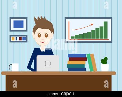 Flat design modern lifestyle concept of handsome man in casual T-shirt sitting at the desk and working on laptop in the office. Stock Vector