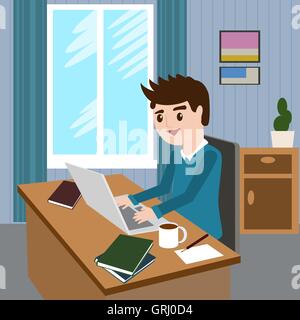 Flat design modern vector illustration lifestyle concept of handsome man in casual T-shirt sitting at the desk and working on la Stock Vector