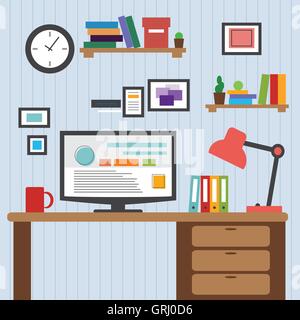 Flat of modern office interior designer desktop showing design application with interface icons elements in minimalist style and Stock Vector