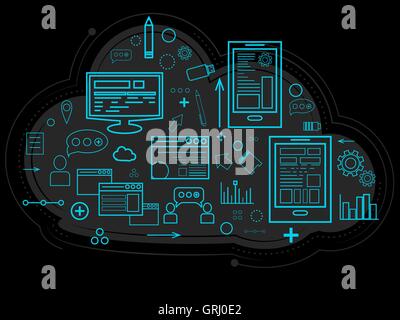 Cloud data is stored on the server, information about people, graphs, reports, the memory of work and settings. Documents. Linea Stock Vector