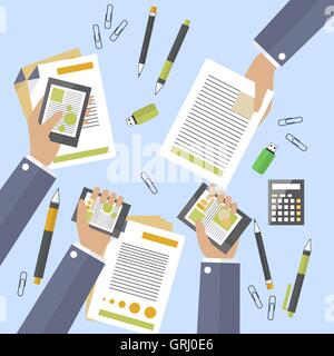 Hands of business people busy devices and papers. Big deal is signed. Treaty counting profits. Annual or monthly report. Flat de Stock Vector