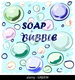 Colored soap bubbles hand-drawn on a blue background for your design. Vector Stock Vector