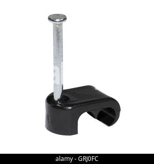 A black twin coax cable clip for shotgun (twin co-ax) cable for satellite TV isolated on a white background Stock Photo