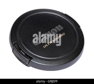 A Canon Ultrasonic lens cap isolated on a white background Stock Photo