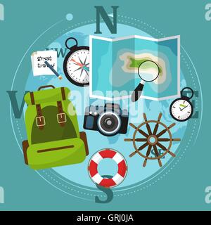 Set of travel accessories with backpack, compass, map and other items. Vector Stock Vector