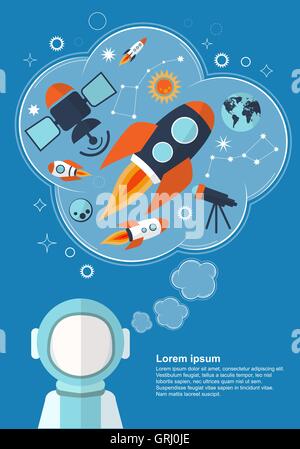 Astronaut who is thinking about rockets, stars and other objects with space for your text. Vector Stock Vector