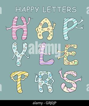 Set of bright cartoon letters with hands on a green background. Vector Stock Vector
