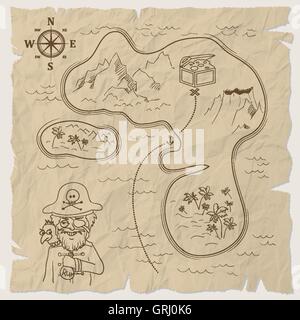 Pirate treasure map of the island on old paper. Vector Stock Vector