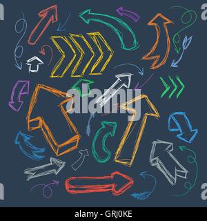 Collection of scribble arrows hand-drawn on a dark background. Vector Stock Vector
