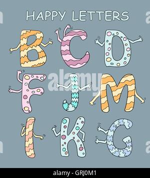 Set of bright cartoon letters with hands on a dark background for your design. Vector Stock Vector