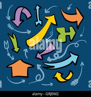 Collection of brightly colored arrows on a blue background. Vector Stock Vector