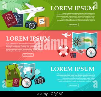 Set of horizontal banners on trips with space for your text. Travel,tourism vector illustration in flat style. Vector Stock Vector