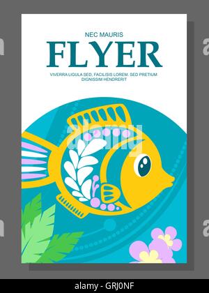Summer flyer with a decorative fish on the ocean floor and algae near it. Vector Stock Vector