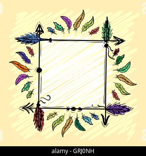Decorative frame with arrows and feathers hand-drawn on a yellow background. Vector Stock Vector