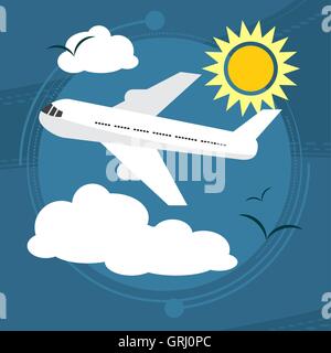 Sunny day. The plane takes passengers to the resort. With seagulls in the sky. Vector Stock Vector