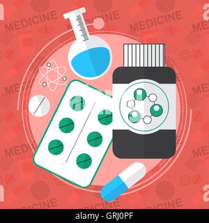 Medicine flat icons set. Pills box, tablets, pill, blister, vitamins, liquid. Vector Stock Vector