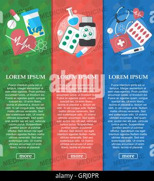 Three medical vertical banners with medical icons in flat style. Vector Stock Vector