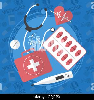 Medicine flat icons set. Pills box, tablets, pill, blister, vitamins, liquid. Vector Stock Vector