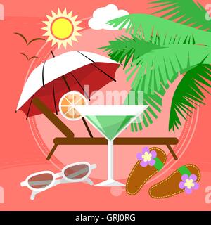 Sunny Beach by the sea with palm trees, playing ball. Walking on the sand in flip-flops and sunglasses. Vector Stock Vector