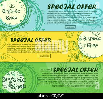 Three horizontal banners of organic shop with place for your text. Hand-drawn. Vector Stock Vector