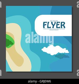 Flyer in flat style with a map of the island to travel and vacation on yacht  clouds in the sky. View from the birds flight. Vec Stock Vector