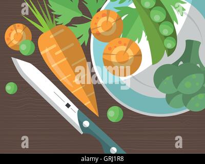 Set of carrots, peas, broccoli, plates and knife on the table. Vector Stock Vector