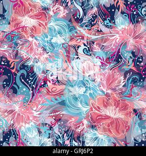 Seamless ornamental doodle sketch style background with watercolor effect and white lines in blue and pink colors Stock Vector