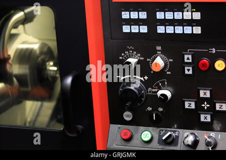 Close up view of cnc lathe machine. Stock Photo