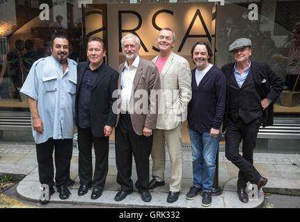 Labour leader Jeremy Corbyn (3L) with UK reggae band UB40 following a press conference in London, Britain, 06 September 2016. Stock Photo