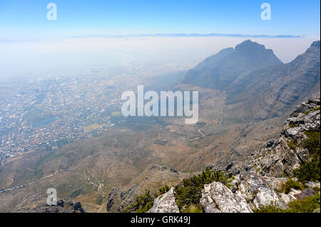 Table Mountain is a flat mesa  overlooking the city of Cape Town in South Africa. Devil's Peak to the east. Stock Photo