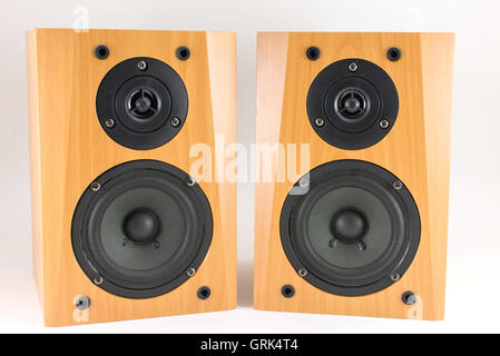 High quality wooden stereo speakers on white Stock Photo