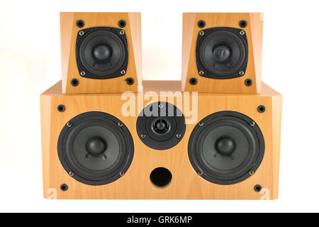 High quality wooden stereo speakers on white Stock Photo