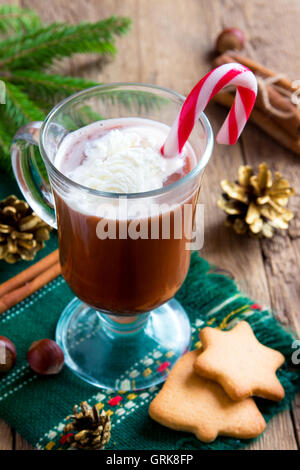 Homemade pepperment hot chocolate with gingerbread cookies for Christmas and winter holidays Stock Photo