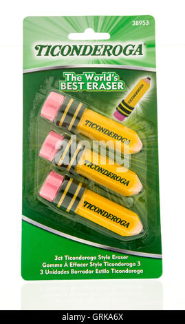 Winneconne, WI - 12 August 2016: Package of Ticonderoga eraser's on an isolated background. Stock Photo
