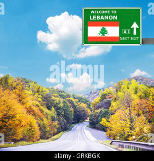 Lebanon road sign against clear blue sky Stock Photo