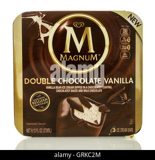 Winneconne, WI - 27 August 2016:  Box of Magnum double chocolate vanilla ice cream bars on an isolated background. Stock Photo