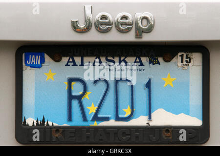 Vanity License Jeep Alaska plate number car. Stock Photo